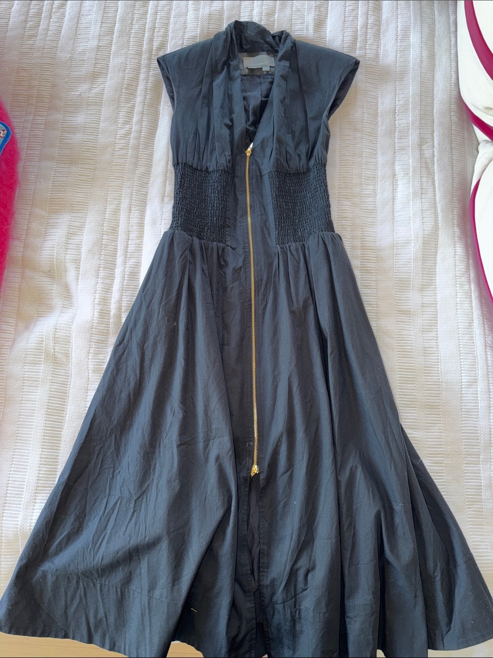 Anthropologie Black Midi Dress with Gold Zipper